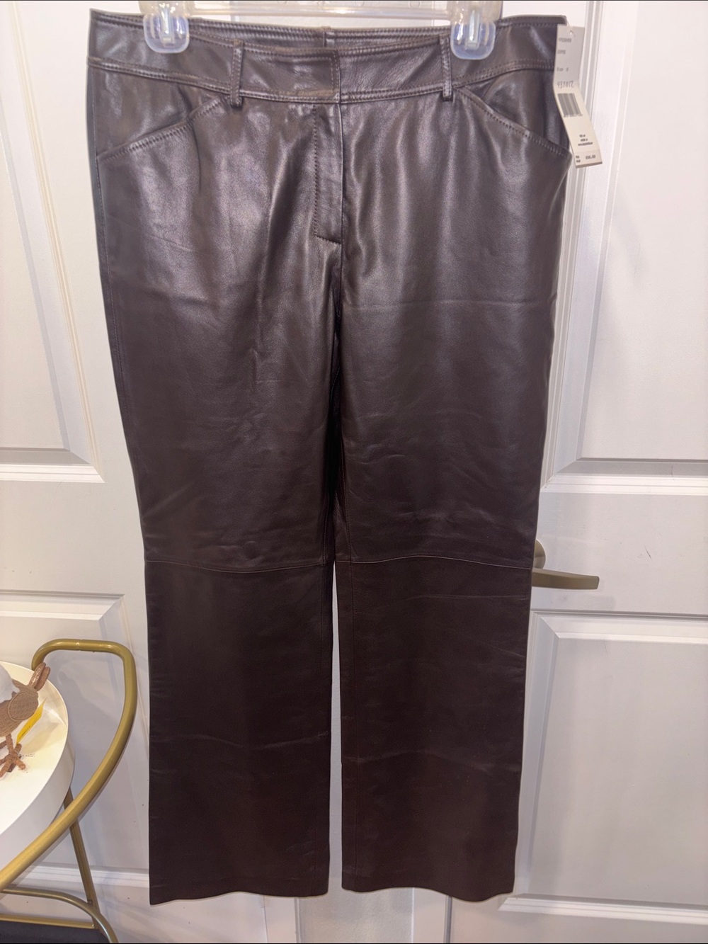 NWT Lafayette 148 New York Espre Chocolate Brown Leather Straight-Leg Pants